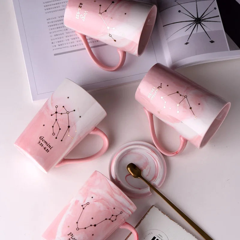 Glitter Constellation Ceramic Mug With Gold Handle Zodiac Coffee Mug with lid and spoon