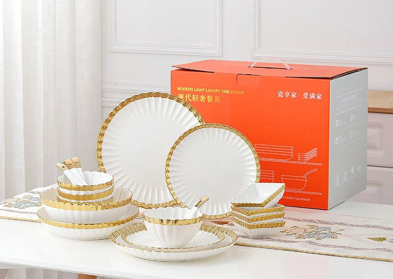 Gold and white Plate plated rim Ceramic Bowls Ceramic dinner Plates dishes dinnerware tray  in bulk stock outdoor tableware