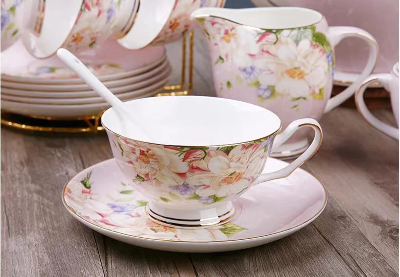 Bone china tea cup and saucer flower pot porcelain tea set of 6 cup and saucer for 6 people 15pcs with milk jug and sugar bowl