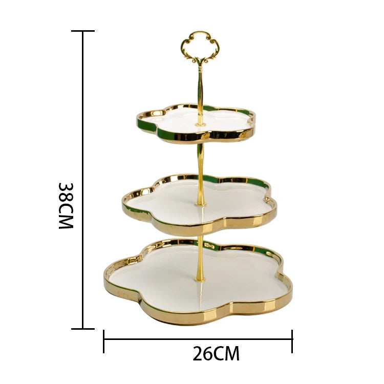 Wholesale china tray nordic gold luxury decorative kitchen storage cake chocolate ceramic 2 3 layers serving tray