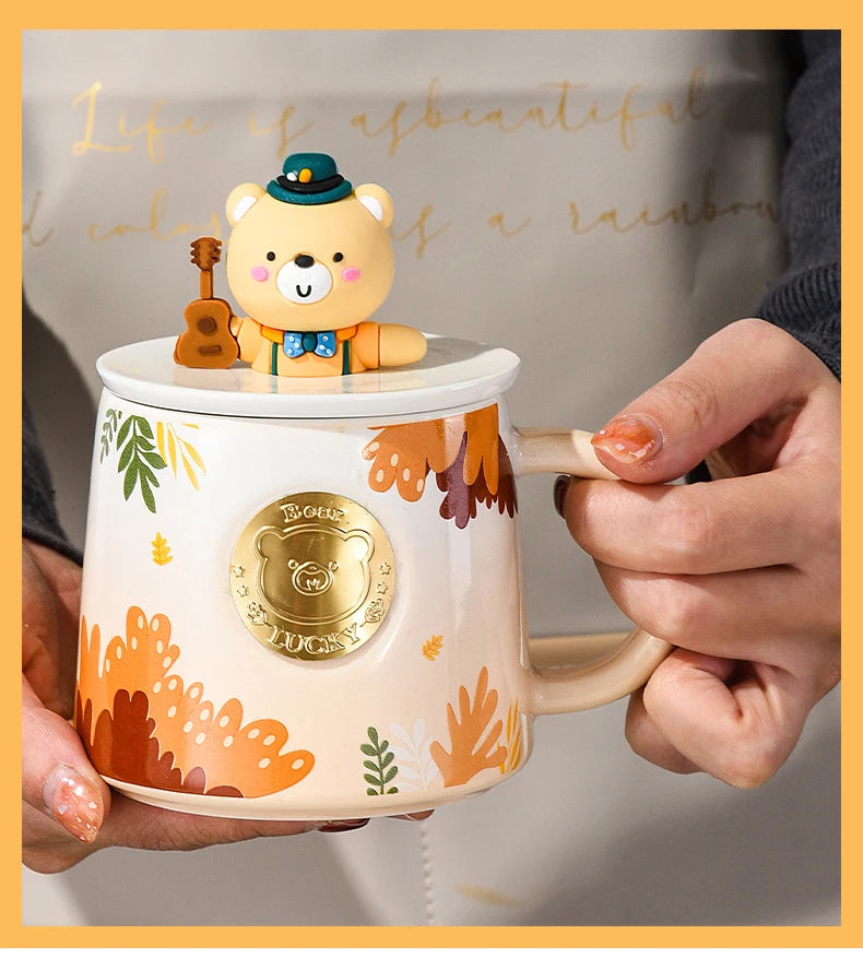 Wholesale New Creative Cute bear Animals 3D Tea Coffee Travel Water Mug With Wooden Lid Sublimation Ceramic Mug