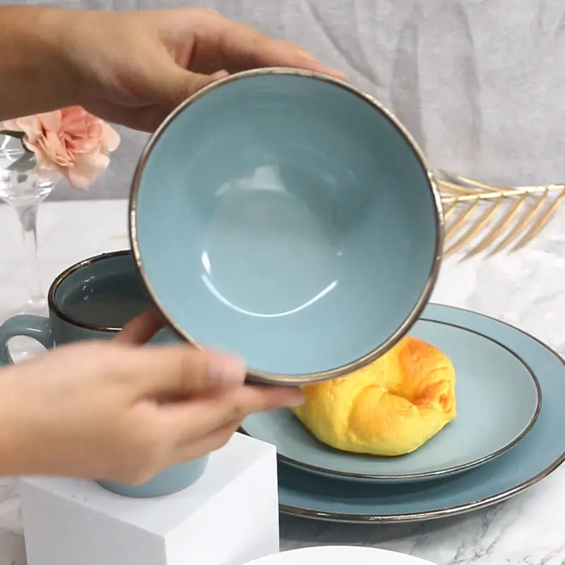 Wholesale Colorful 12pcs Bowl Mugs Stoneware Western Plate Set Porcelain Luxury Dinnerware Dishes