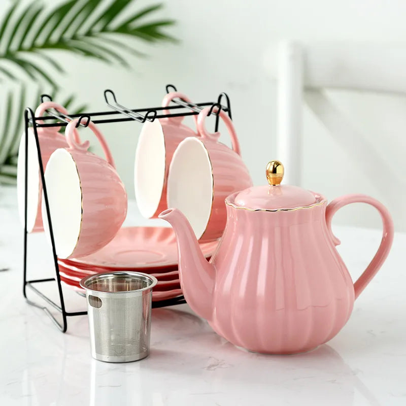 27 PCS Ceramic Cups And Saucer Modern Royal Rose  Gold Line Floral China Pink Pot Tea Sets with Teapot Porcelain