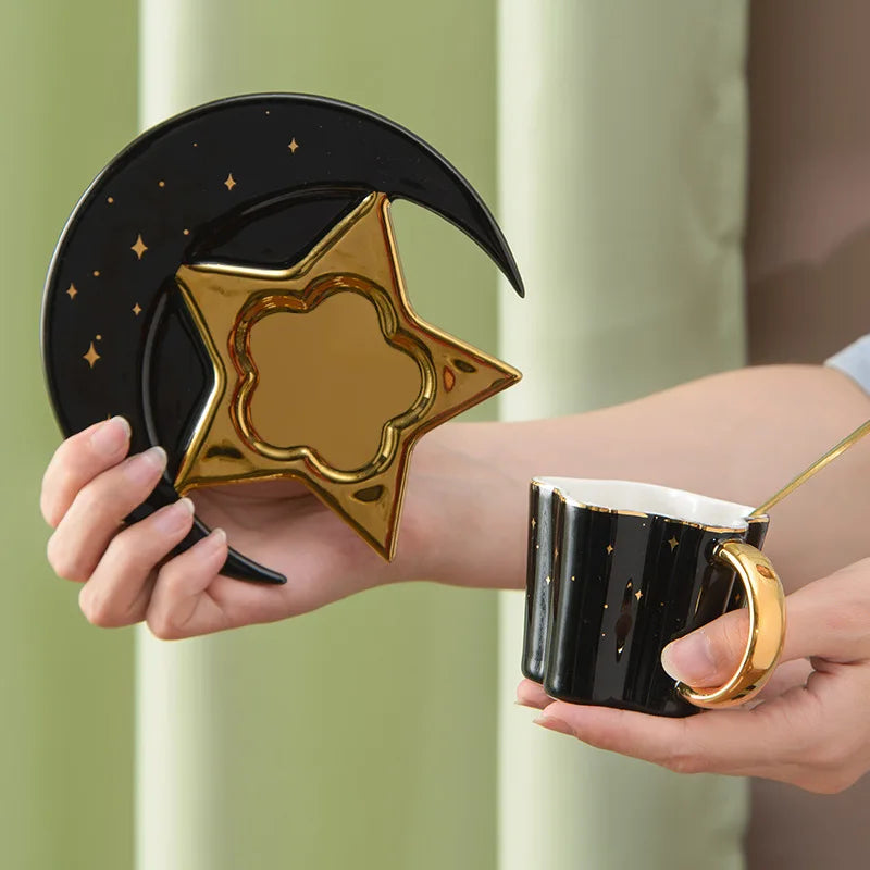 Seaygift personalized nordic irregular ceramic star moon shape plate gold handle espress coffee mug tea cup and saucer gift set