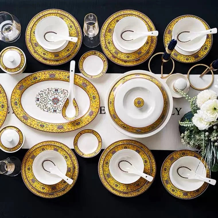 Best Sell Jingdezhen 86Pieces Western Style Golden Mosaic Bone China Tableware Set luxury plates