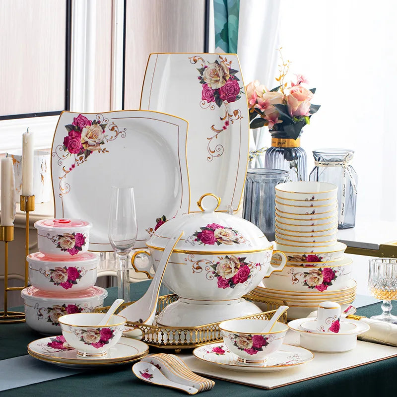 Wholesale 28 56 PCS Plate Bowl Dinnerware Fine NEW Bone China luxury  Dinner Sets