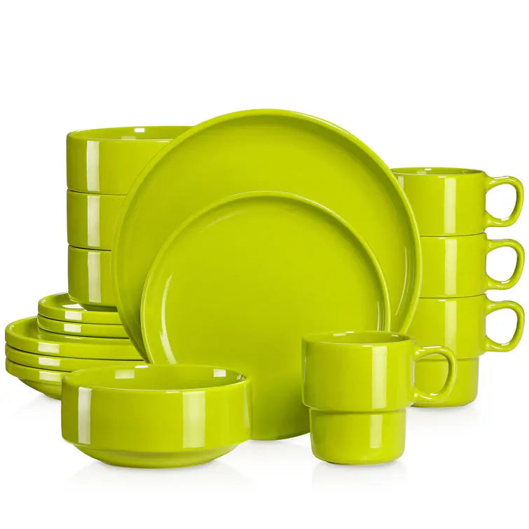 Dinnerware Sets, 12-16 Piece Plates and Bowls Sets - Service for 4, Green&Grey pink red ceramic plate