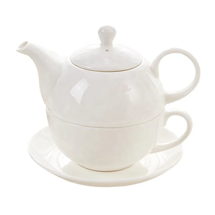 14oz 420ml Best Gift for Family Friend Lover White Porcelain Tea For One Set Ceramic Teapot and Teacup with Lid and Saucer