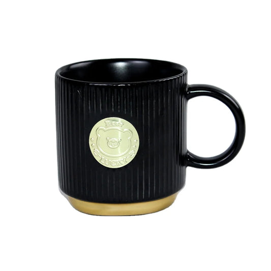 Ceramic Mugs Nordic INS Simple Style Ceramic Coffee Mugs Stripe Copper Badge Cup Milk Mugs Custom LOGO with Spoon