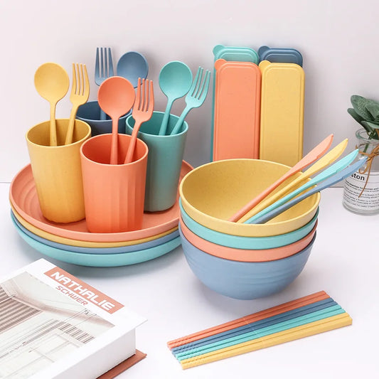 Wholesale Wheat Straw Kids Dinner Setwheat bowl Tableware Degradable Plates Cup Tableware Set Wheat Straw Cutlery Dinnerware Set