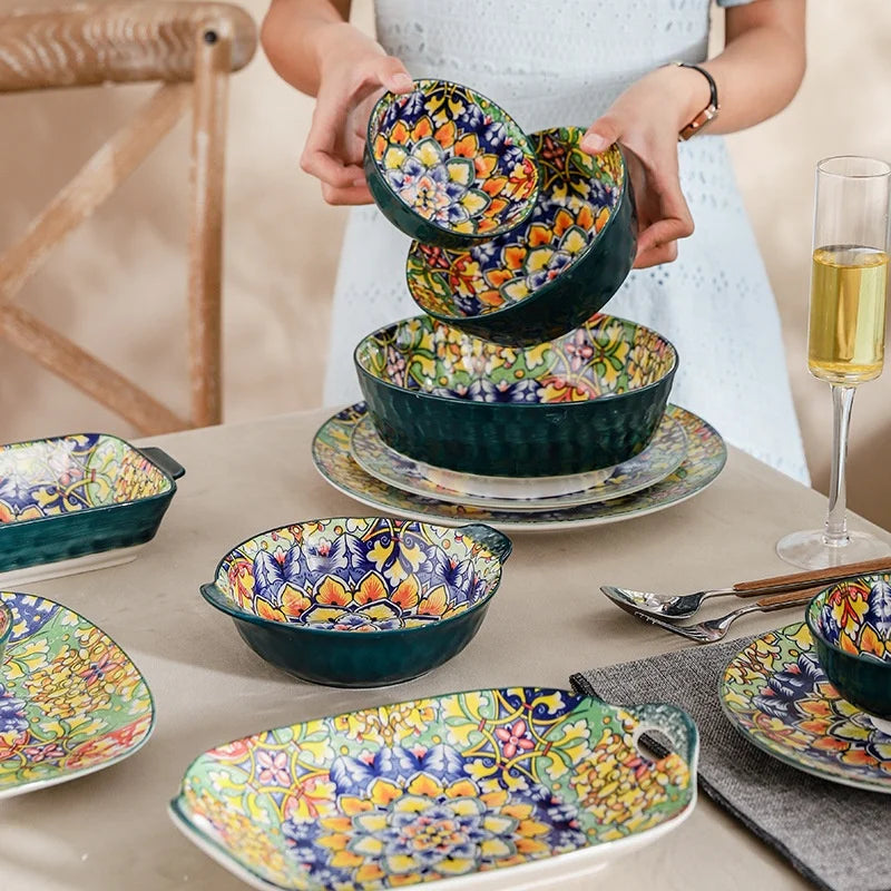 top selling products 2023 Ceramic Factory Wholesale Moroccan Bohemian Style ceramic bowls and plates Tableware Set