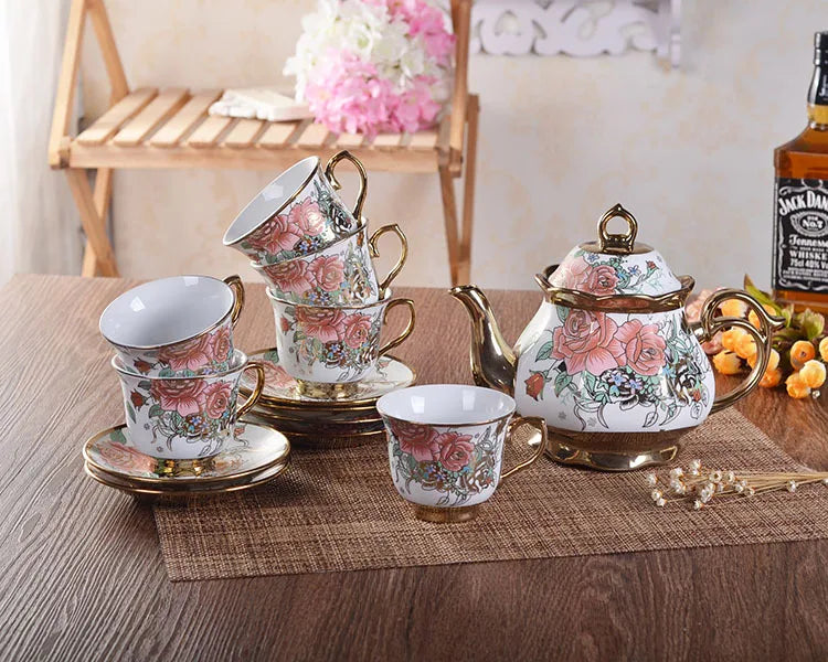 Turkish royal coffee tea set with 6 cups and saucers gold printed ceramic luxury teapot set