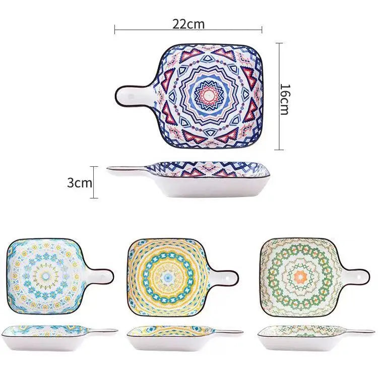 new design ceramic Bohemian Baking plate with handle Square plates set Porcelain Ceramic dishes & plates