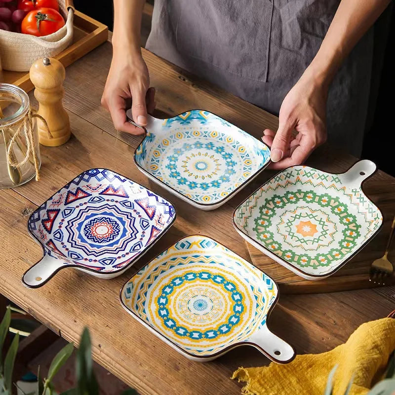 new design ceramic Bohemian Baking plate with handle Square plates set Porcelain Ceramic dishes & plates