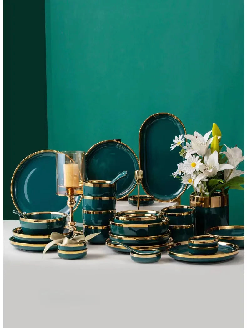 ins Luxury Phnom Penh Ceramic Dishes And Plates Tableware Emerald Green Home Dinner Steak Plate Set