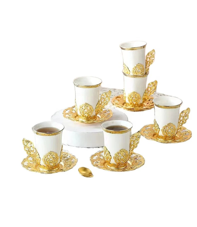 top seller white green pink glaze with gold rim metal handle ceramics Coffee & ceramics Tea Sets