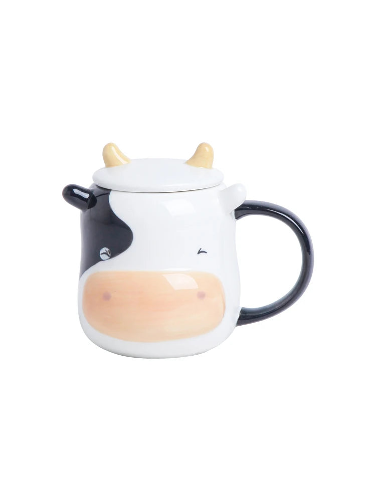 Funny Novelty Gifts 3D Ceramic Cartoon Portable Mug With Lid spoon  bull Shaped milk  tea cup