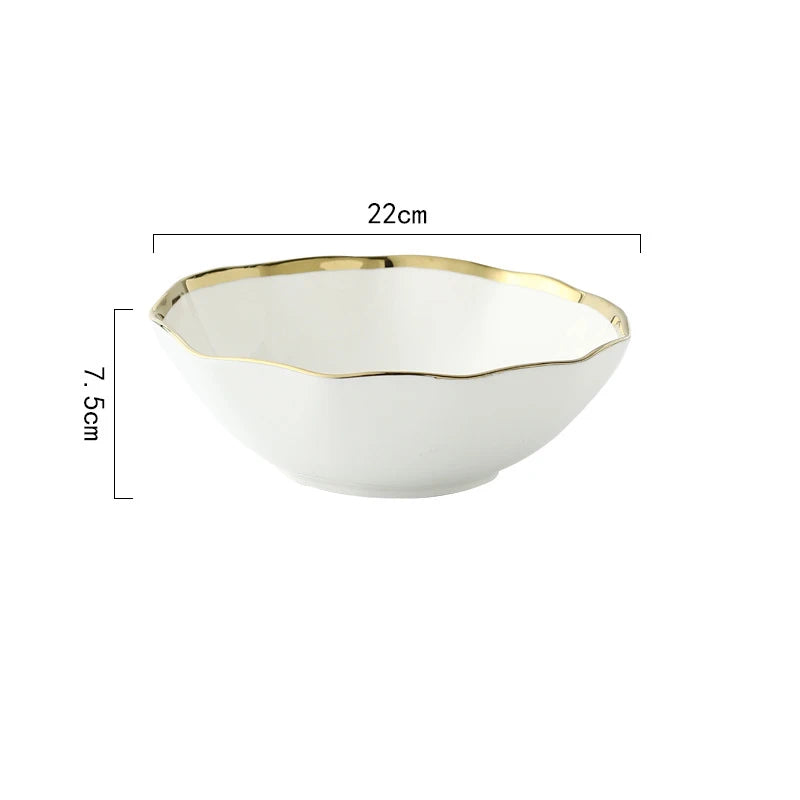 Gold and white Plate plated rim Ceramic Bowls Ceramic dinner Plates dishes dinnerware tray  in bulk 16 piece cafe tableware