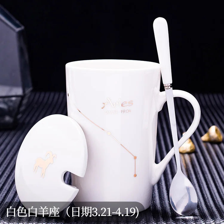 Custom Logo Coffee Cup sublimation Gold Line Marble Bamboo Cover Coffee Porcelain Mug With Spoon