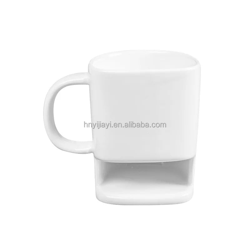 Custom Logo 250ML Ceramic Biscuits Mugs White Coffee Tea Milk Dessert Cup Side Cookie Pockets Mug