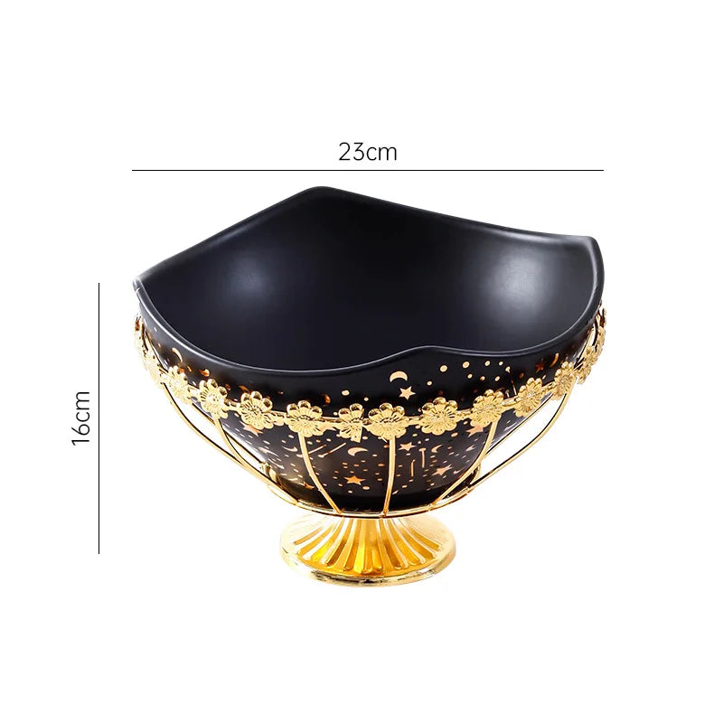 Northern European Marble Pattern Black Ceramic Fruit Salad Bowl With Gold iron frame Tableware Fruit Snack Plate