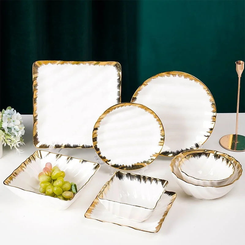 European white gold plated hotel ceramic tableware dinnerware sets luxury porcelain gold