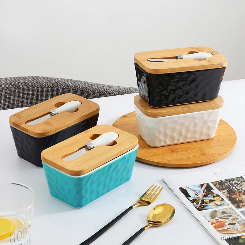 Large Butter Dish with Bamboo Lid Ceramic Butter Keep Container with Knife and Double Silicone Sealing Porcelain Butter Box