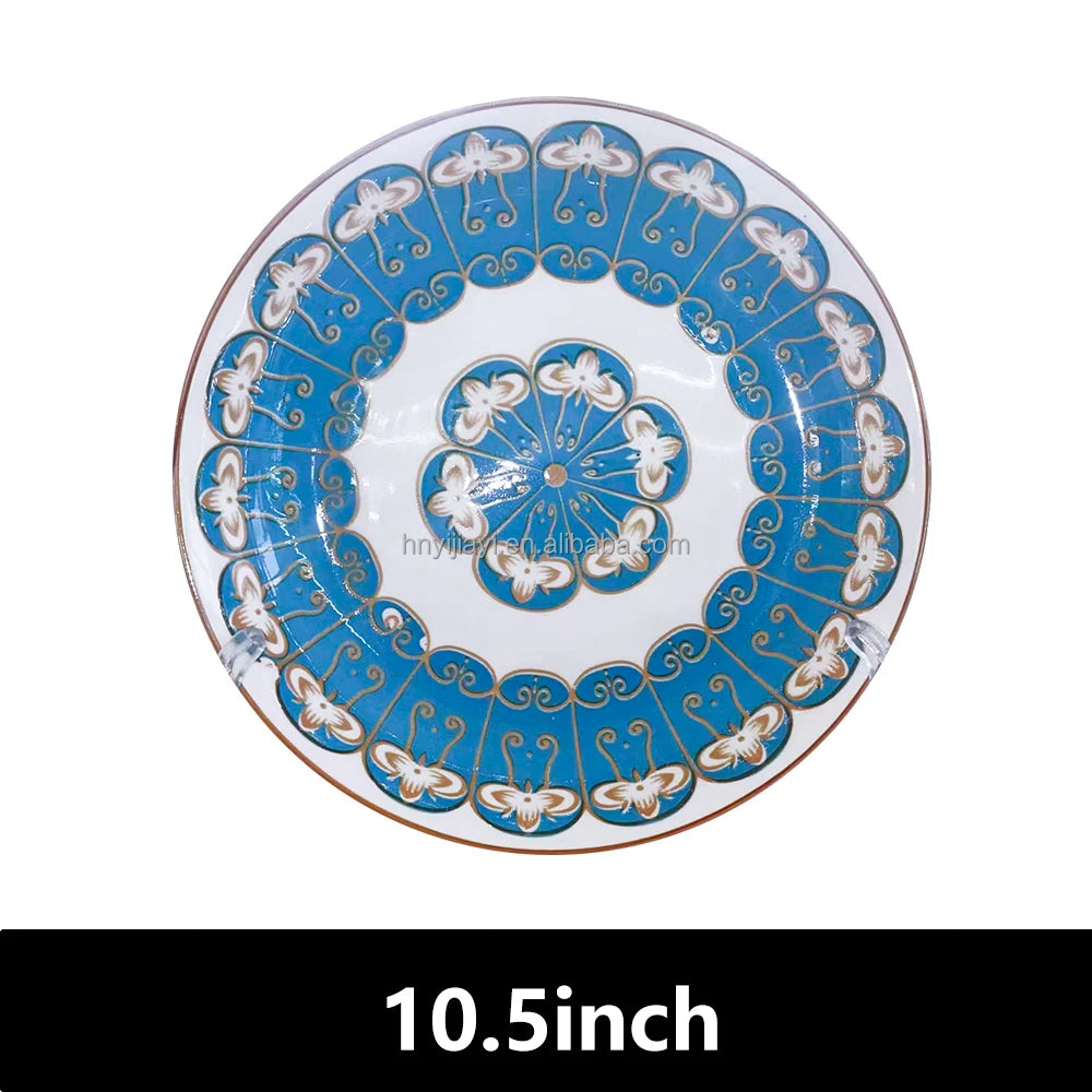 JIUWANG vintage ceramic flower flatware 12inch 10inch 8inch blue fine bone china dinner plates for 12 people