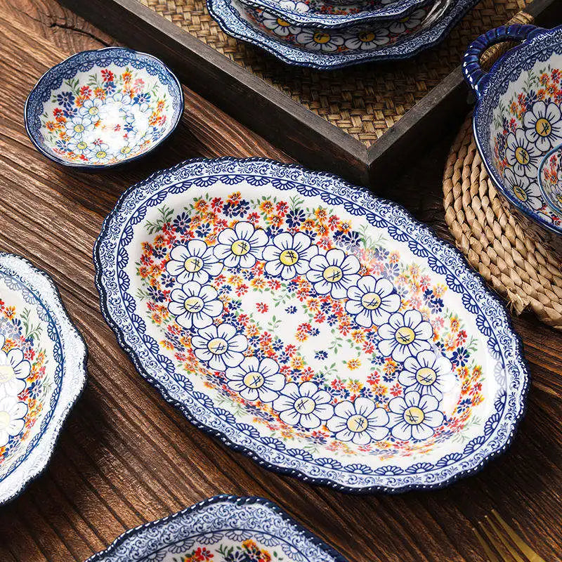 Top selling products 2023 retro style design ceramic dishes & plates porcelain bowls tableware plates sets dinnerware