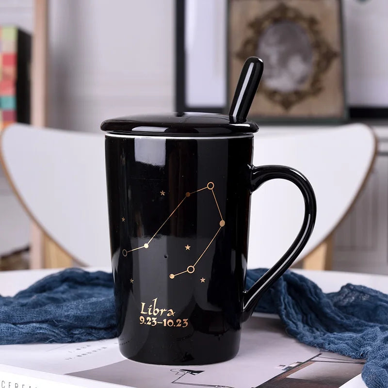 Glitter Constellation Ceramic Mug With Gold Handle Zodiac Coffee Mug with lid and spoon