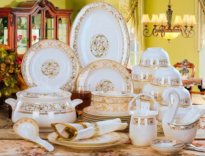 Luxurious Dinnerware Complete Dinner  European Style Palace Porcelain Combination, Ceramics Plates and Bowls set