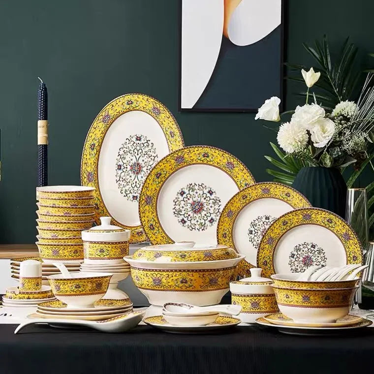 Best Sell Jingdezhen 86Pieces Western Style Golden Mosaic Bone China Tableware Set luxury plates