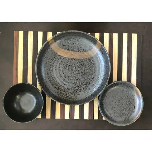 Mid Century Japanese Ceramic Porcelain Stoneware Black Plate Bowl Dish Set for Six Calligraphy Stroke Bronze Vintage Set of 18