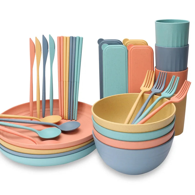 Wholesale Wheat Straw Kids Dinner Setwheat bowl Tableware Degradable Plates Cup Tableware Set Wheat Straw Cutlery Dinnerware Set