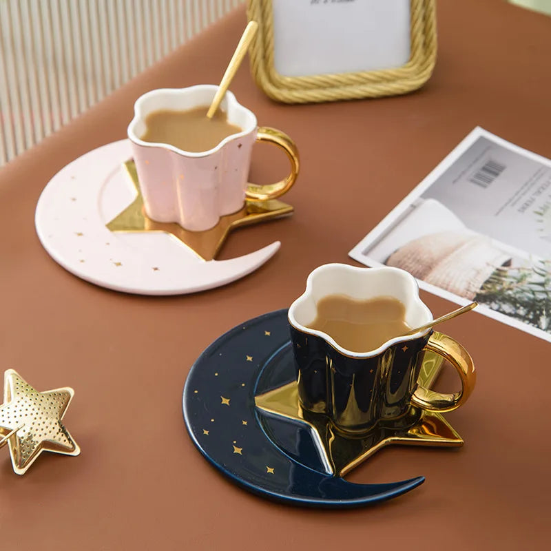 Factory Hot Sale Star Porcelain Coffee Cup and tea set Ceramic Cup Set with Spoon