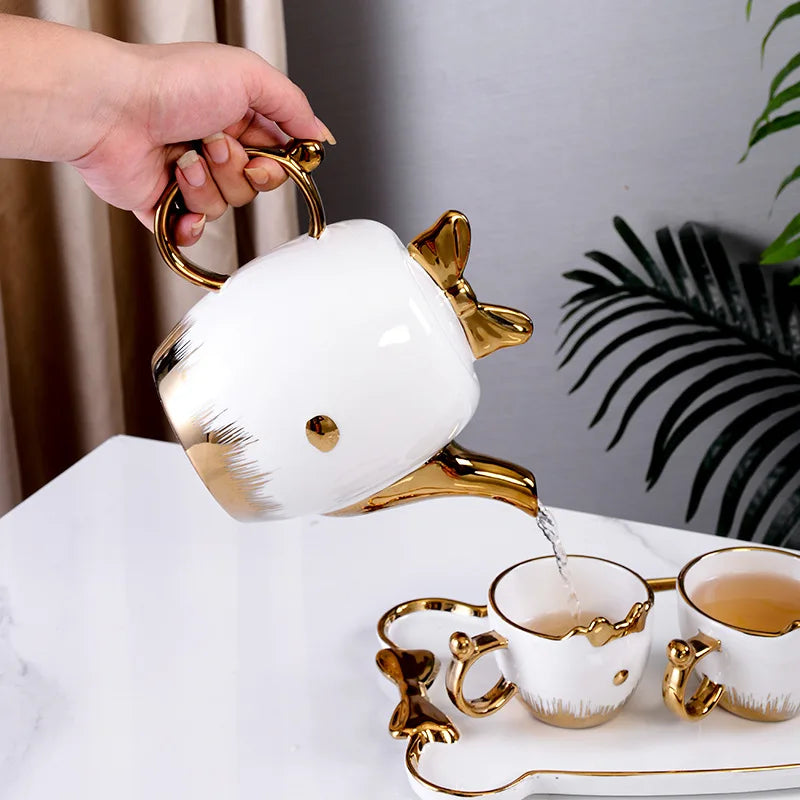 hot sale ins style high-value with gold rim ceramic coffee cup set, living room home 150ML ceramic teapot set with tray