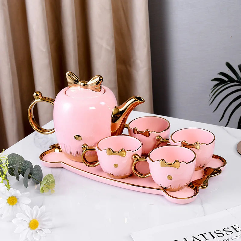 hot sale ins style high-value with gold rim ceramic coffee cup set, living room home 150ML ceramic teapot set with tray