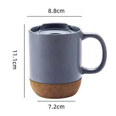 Custom nordic matte black cork base coffee mug cup ceramic with wooden insulated cork bottom Lid