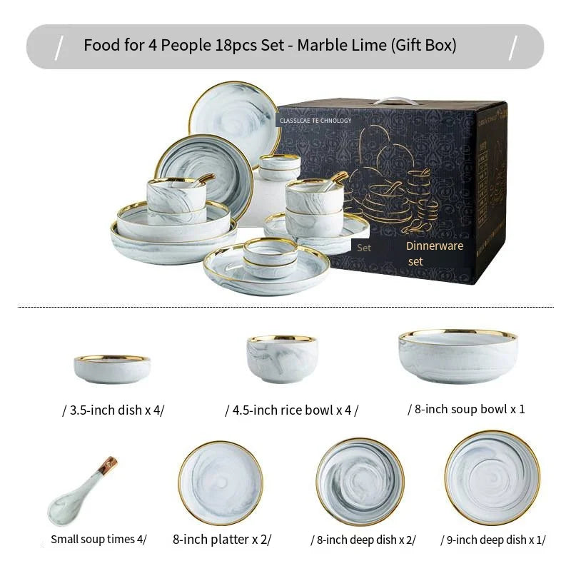 wholesale Plates and Bowls Sets for 4, Gold Dinnerware Sets, 12 Piece Marble Porcelain Round Stoneware Dinner Dish Sets