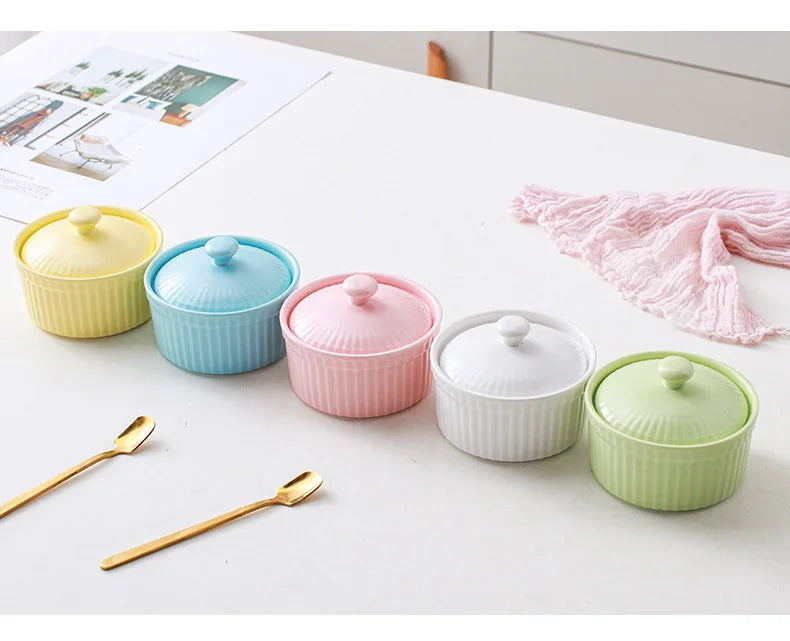 Ceramic Covered Souffle Cake Bowl With Lid Dishes Custard Pudding Cup Porcelain Ramekin For Baking Appliances