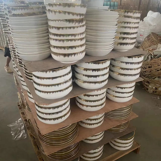 JIUWANG wholesale  Hot Sell Cheap Restaurant Plate With Gold Rim Ceramic Bowls Bulk Plates dinner dishes	tableware dinnerware