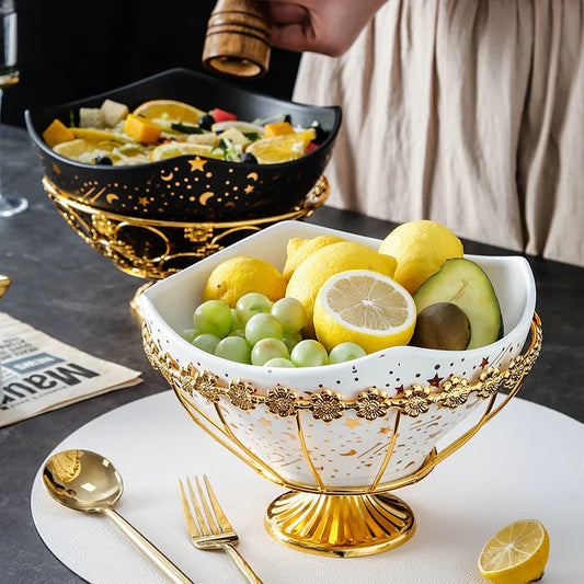 Northern European Marble Pattern Black Ceramic Fruit Salad Bowl With Gold iron frame Tableware Fruit Snack Plate