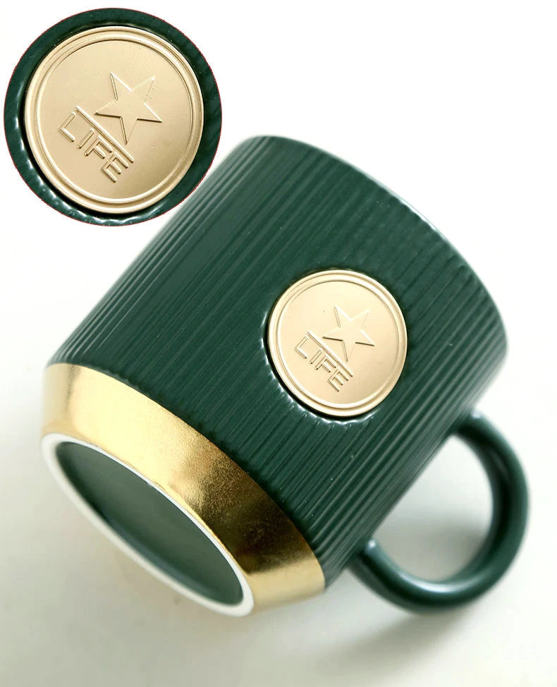 Green Striped Ceramic Coffee Mug with Copper Sheet Bronze Seal Mug Custom Logo