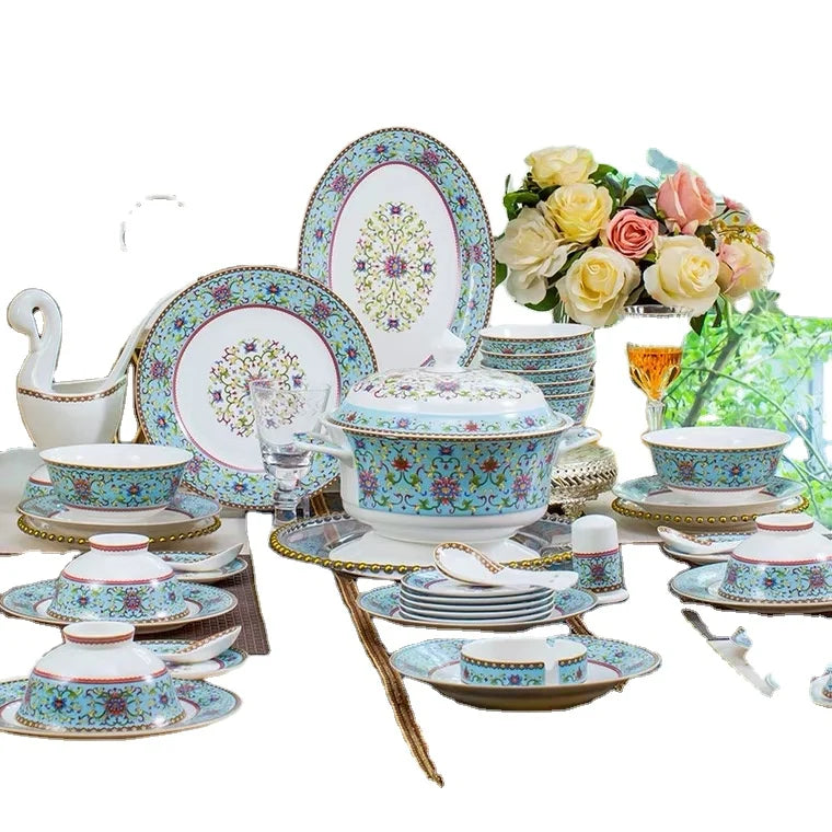 Manufacturer Wholesale Porcelain 56PCS New Design Fine Bone China Dinnerware Set for 6 People With Flower Decal luxury plates