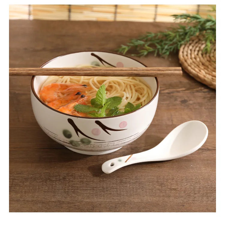 JIUWANG Japanese Ramen Noodle Bowls with Lid Spoon Large Ceramic Soup Bowl Black Hand Drawn Rice Bowl Retro Tableware