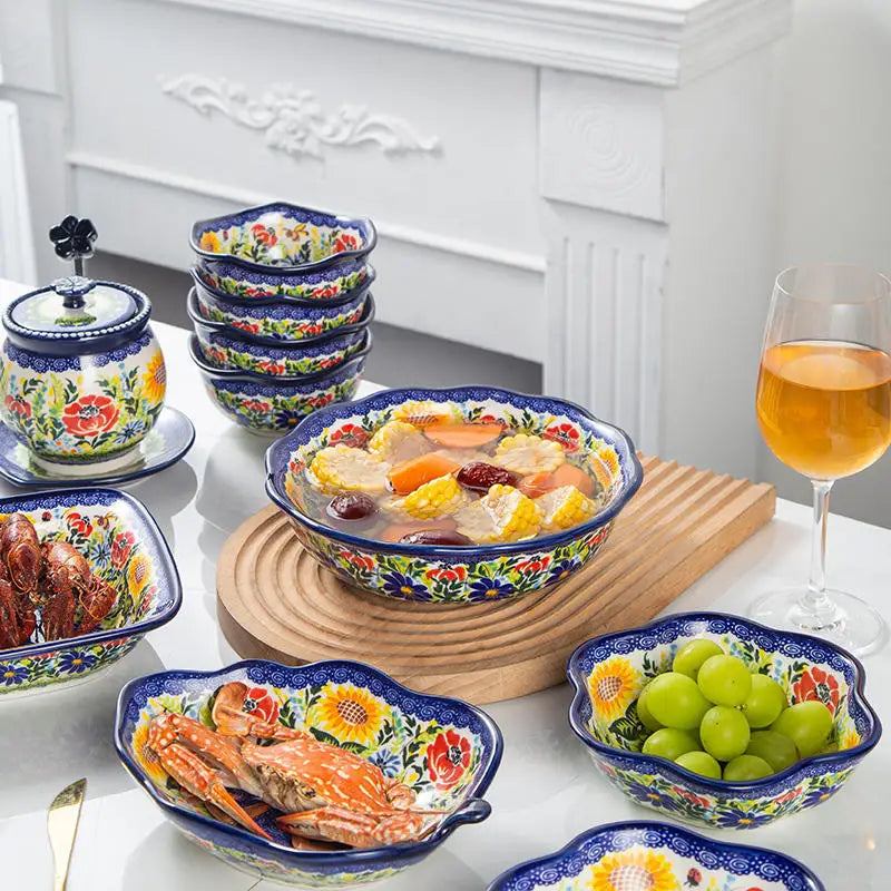 Polish Style Retro Floral Luxury Ceramic Dim Sum Salad Ceramic dishes Porcelain Bowl Plates Assiette Tableware Dinner Set