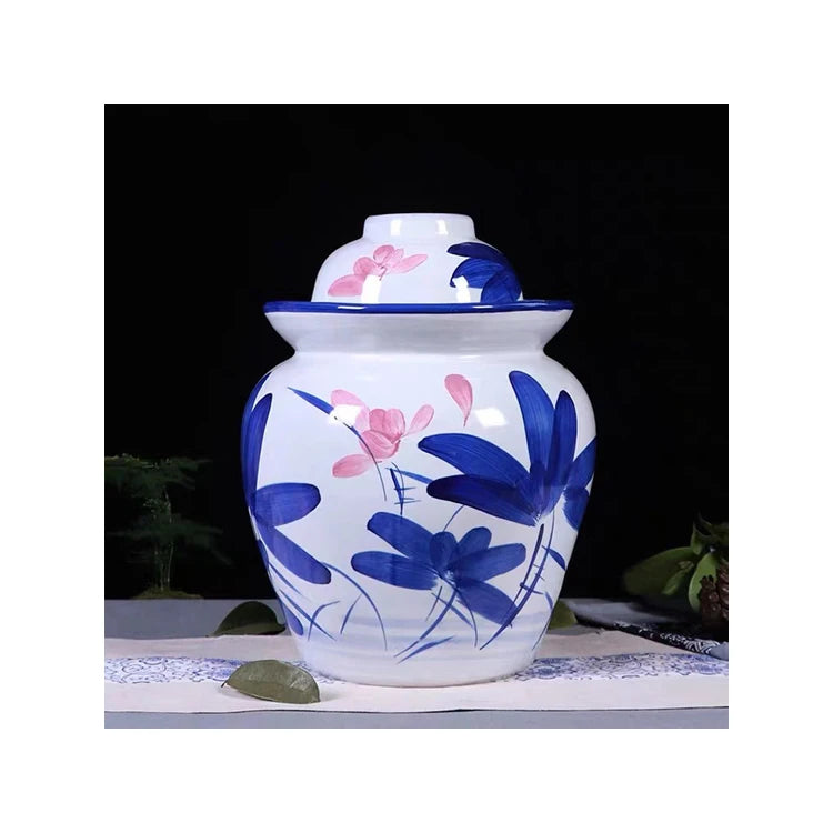 Hot sale ceramic kimchi jar fermentation crock jar for kitchenware hand printing ceramic 1.2L kimchi jar