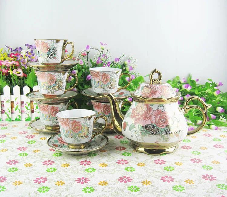 15pcs/set Delicate Bone china Coffee Cup Set European Vintage Tea Cup Tea Kettle Saucer Set