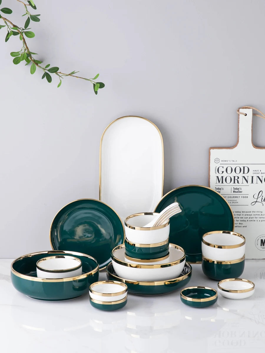 Wholesale Nordic Dark Green Black Fine Bone China Tableware Porcelain Rice Soup Bowl Ceramics Plates Dinnerware Dinner Set