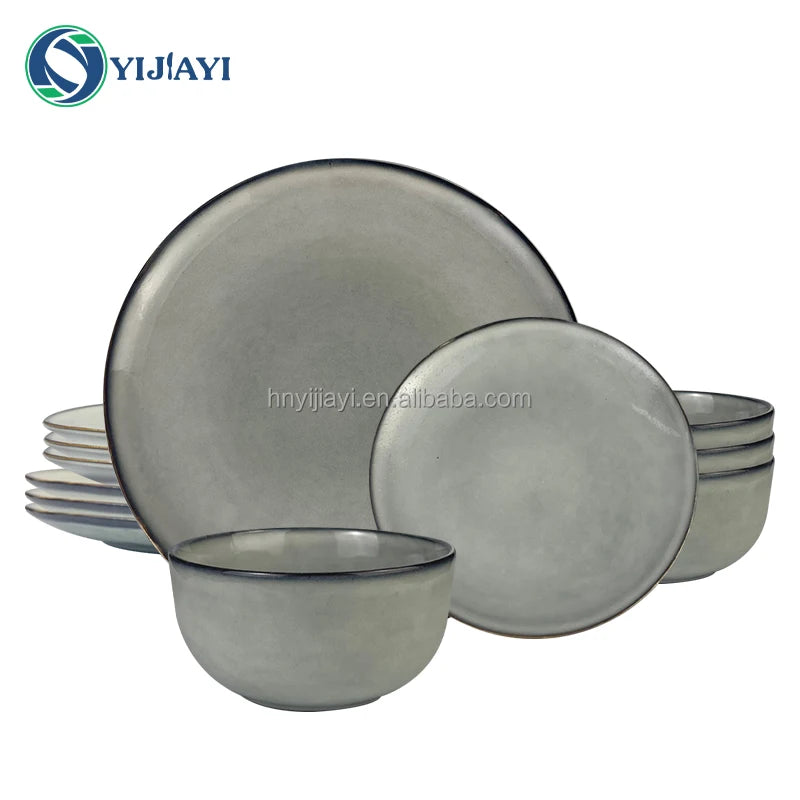 restaurant furniture  tableware set 12 18 24 piece  Stone Color Glazed Stoneware Ceramic Dinnerware soup bowl dinner sets